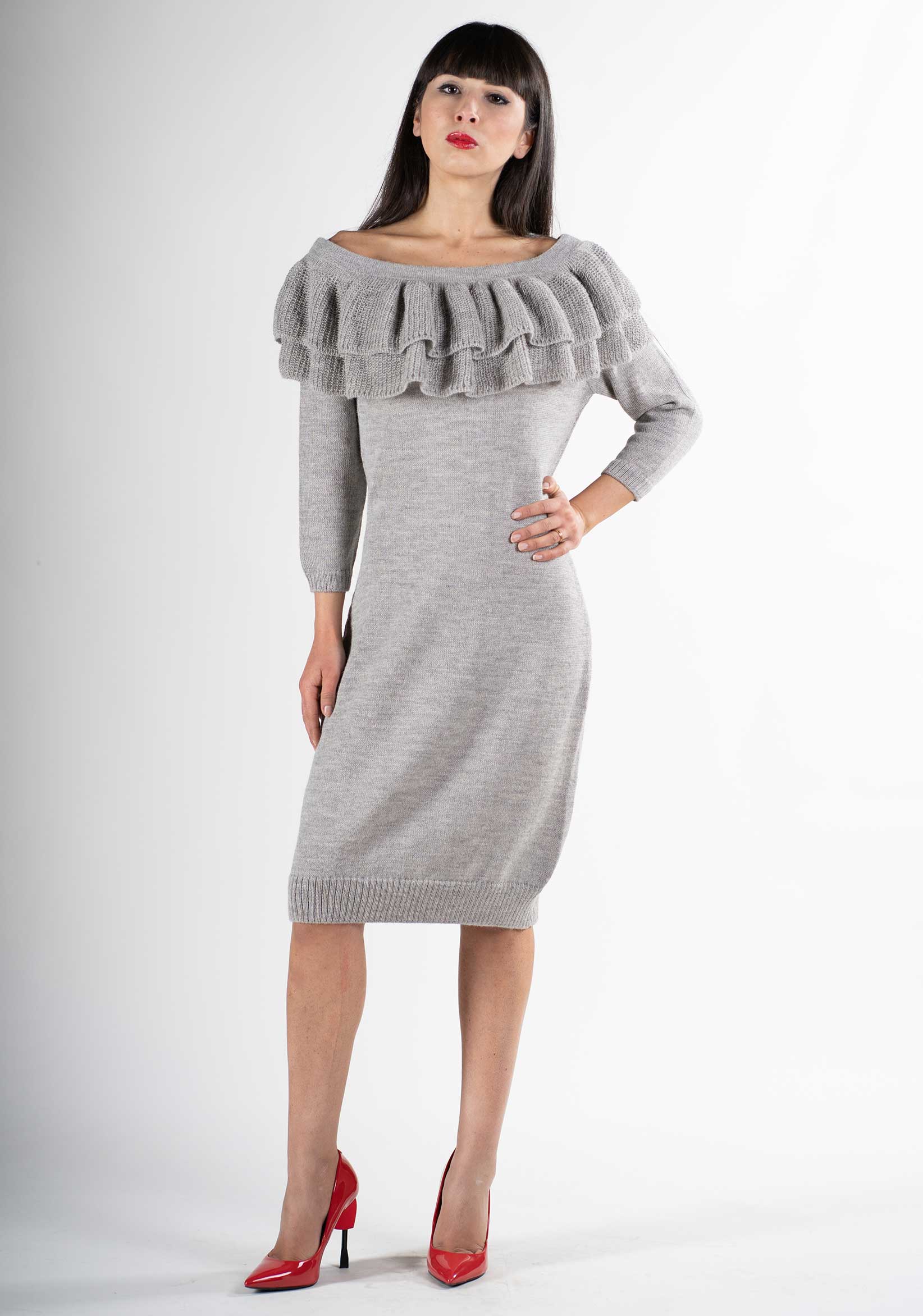 sexy grey woman neckline dress design pure wool alpaca spring autumn winter