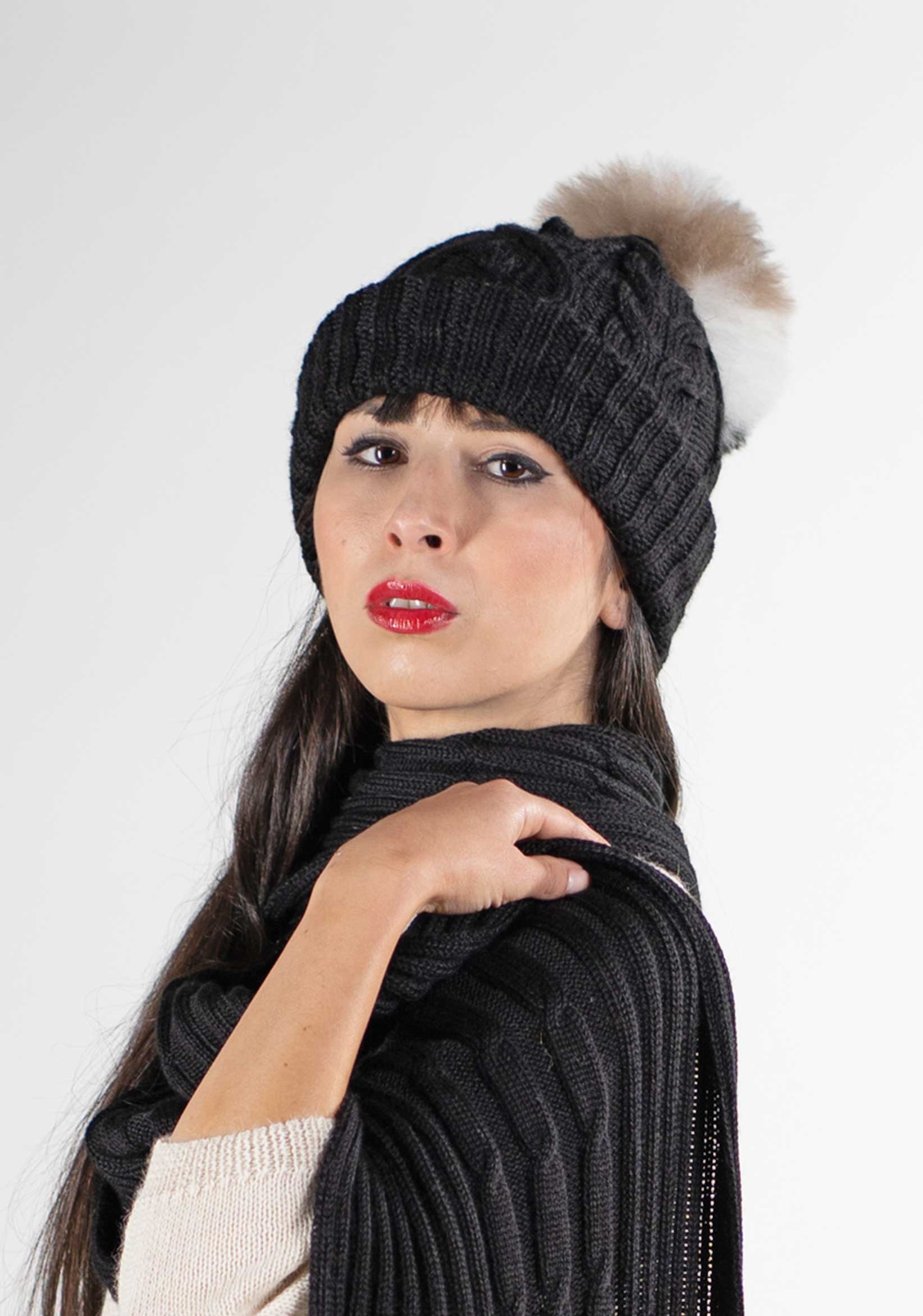 black bobble hat with scarf in alpaca wool
